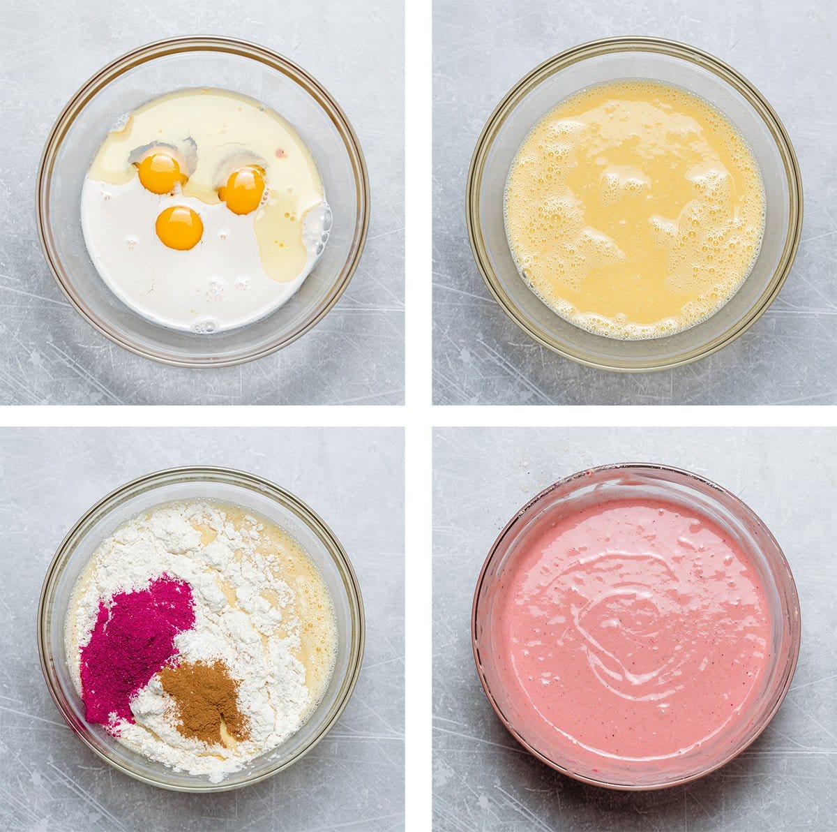 Four photos showing wet ingredients and dry ingredients being mixed separately.