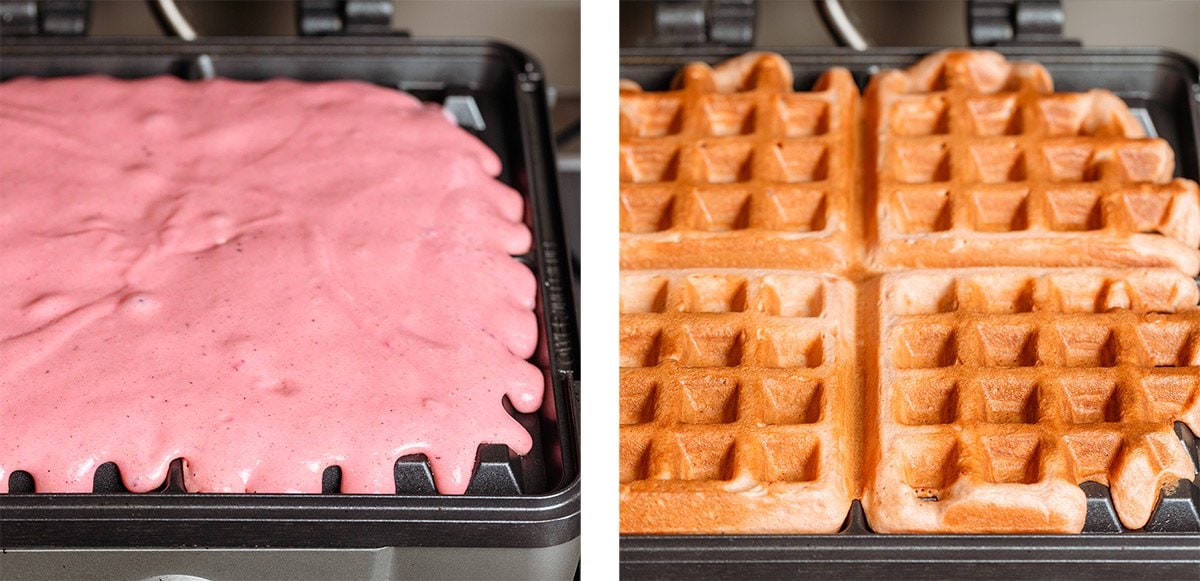 Waffles before and after cooking in a waffle iron.