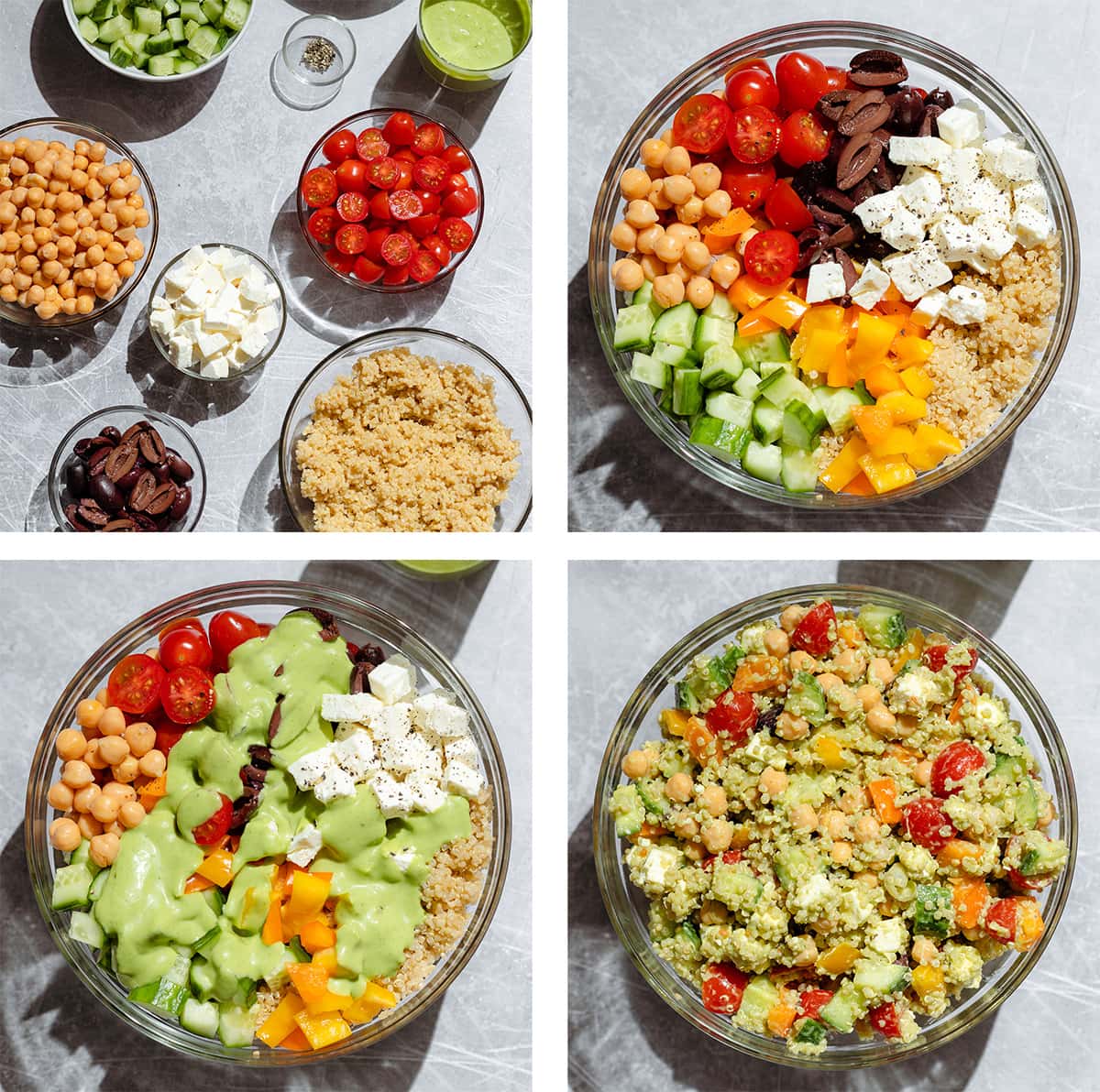 Four photos of how to make quinoa salad, one of the ingredients and the rest of ingredients in a bowl before mixing and adding dressing and after.