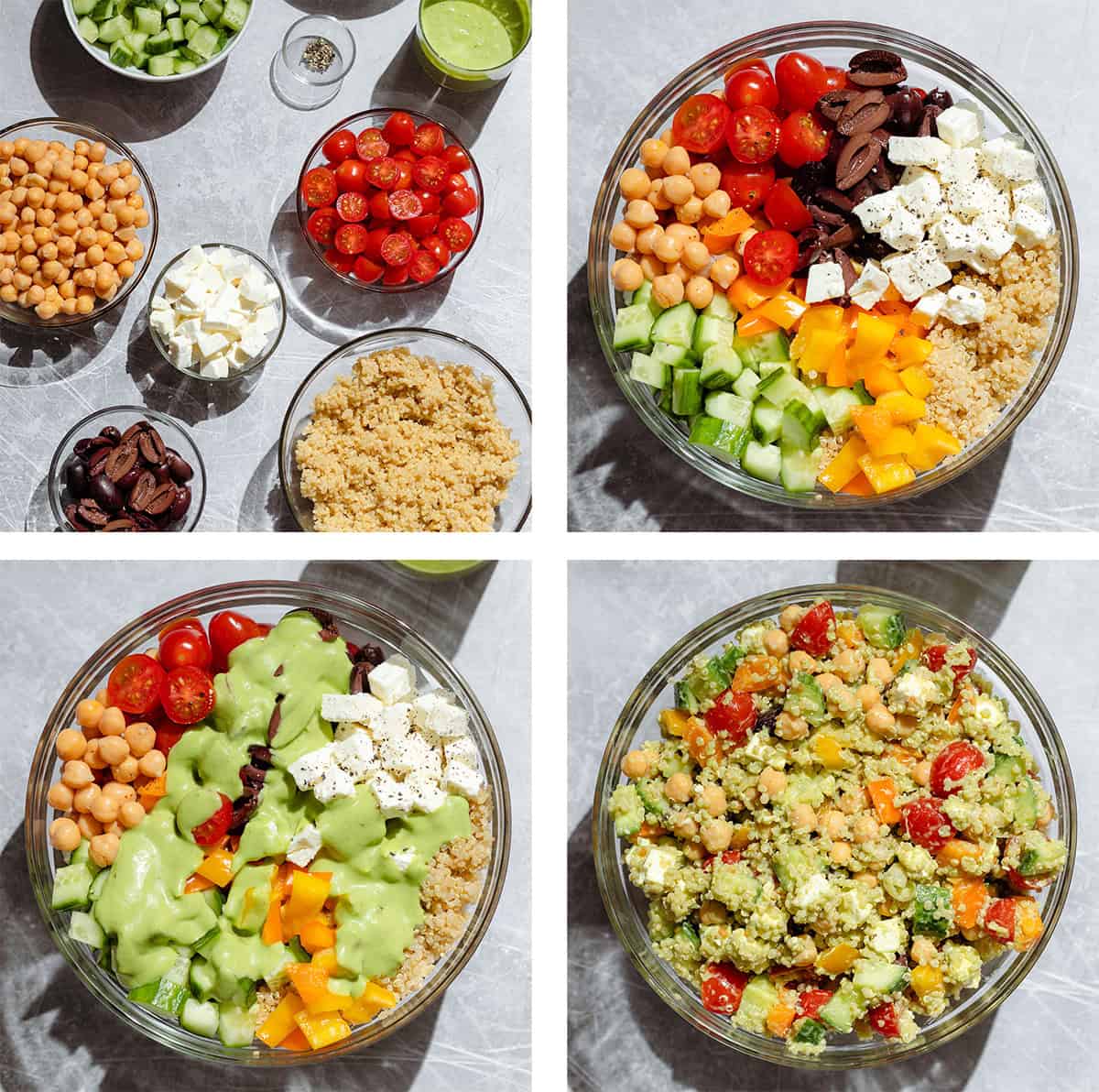 Four photos of how to make quinoa salad, one of the ingredients and the rest of ingredients in a bowl before mixing and adding dressing and after.