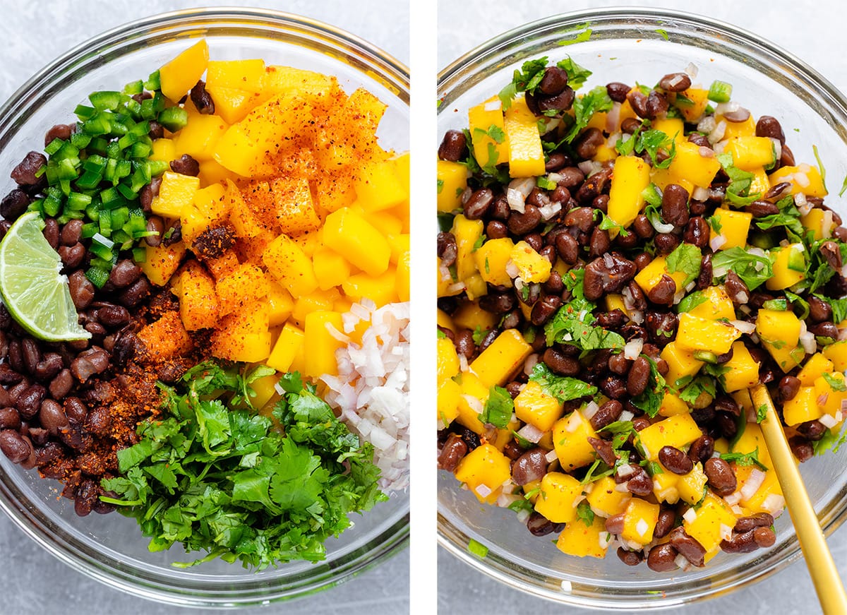 Two photo showing ingredients for black bean salsa before and after tossing together in a large glass bowl.