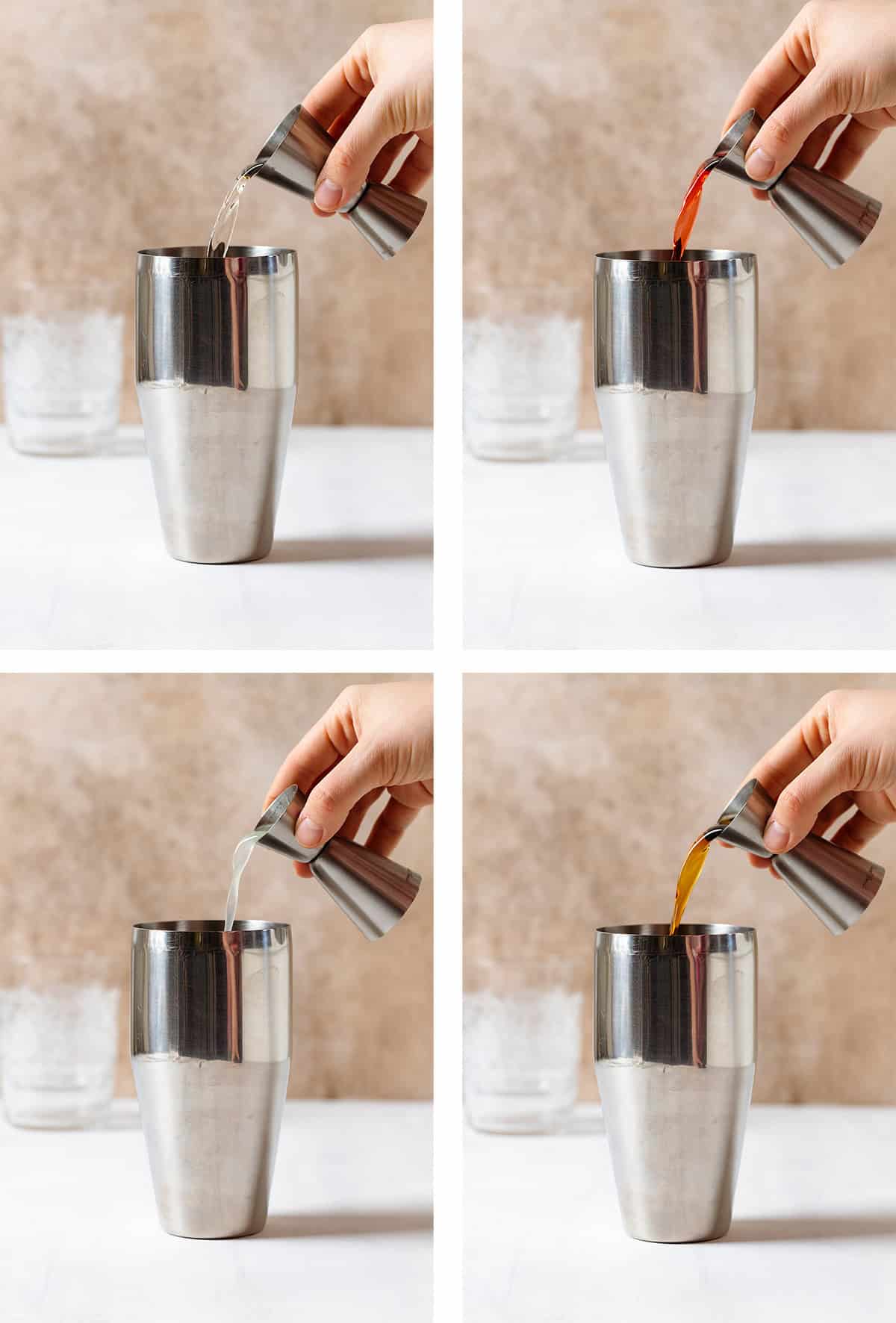 Four shots of a hand pouring different ingredients into a cocktail shaker.