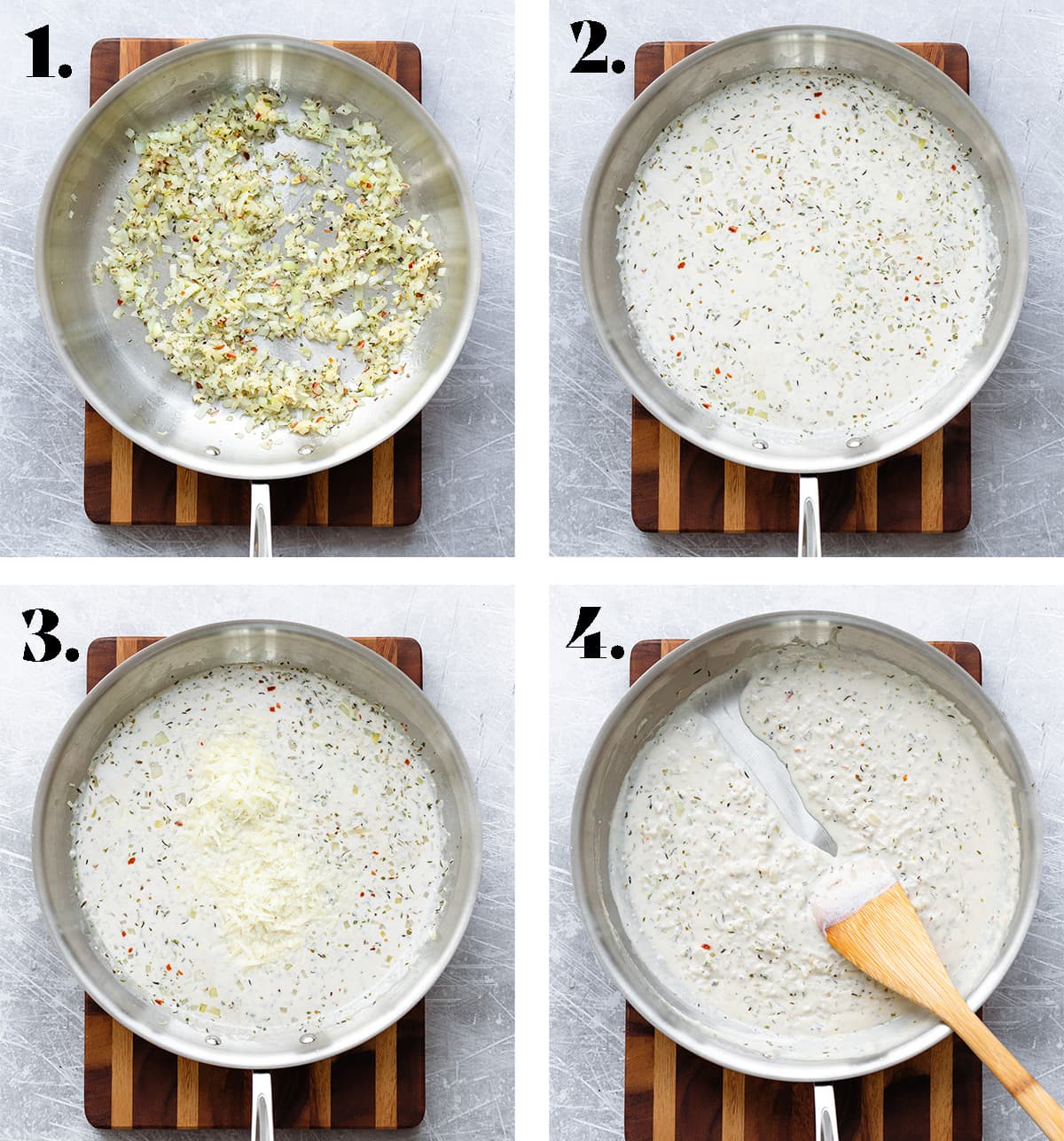 Four shots showing how to make creamy white pasta sauce from sauteing onion to simmering the sauce.