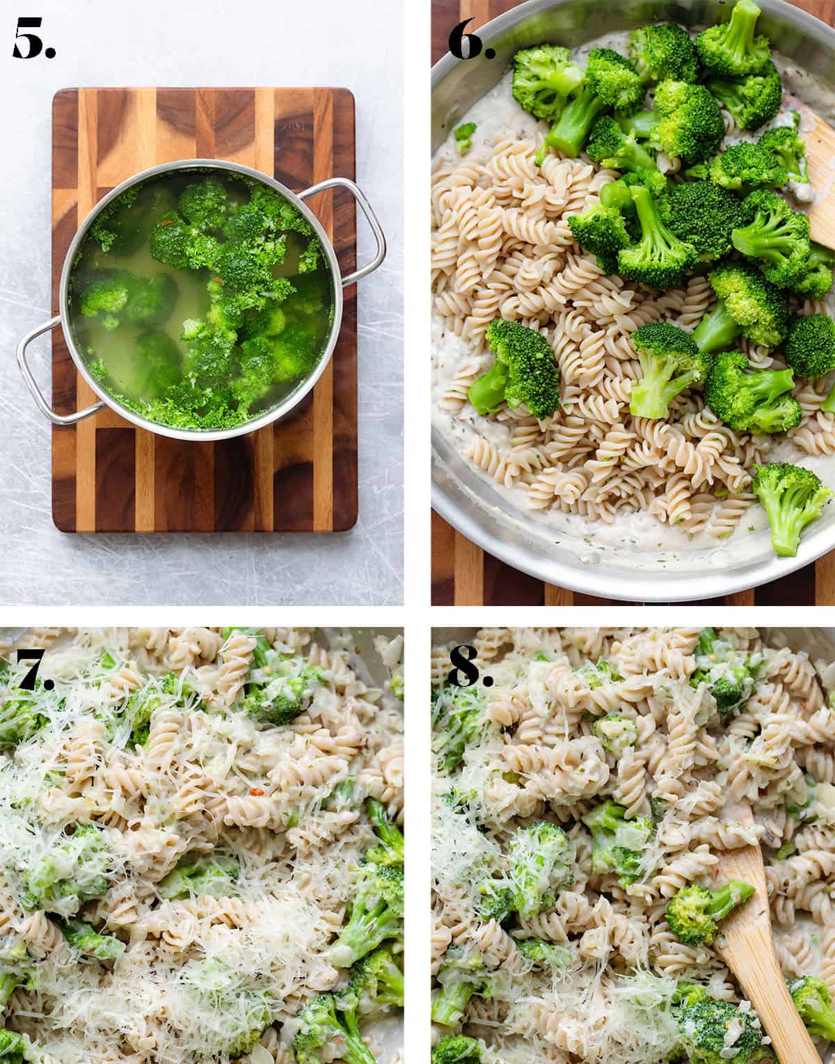 Four photos showing how to make broccoli pasta.