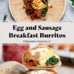 A breakfast burrito cut in half showing eggs, spinach, and sausage inside on a white plate with pickled onions and eggs in the background.