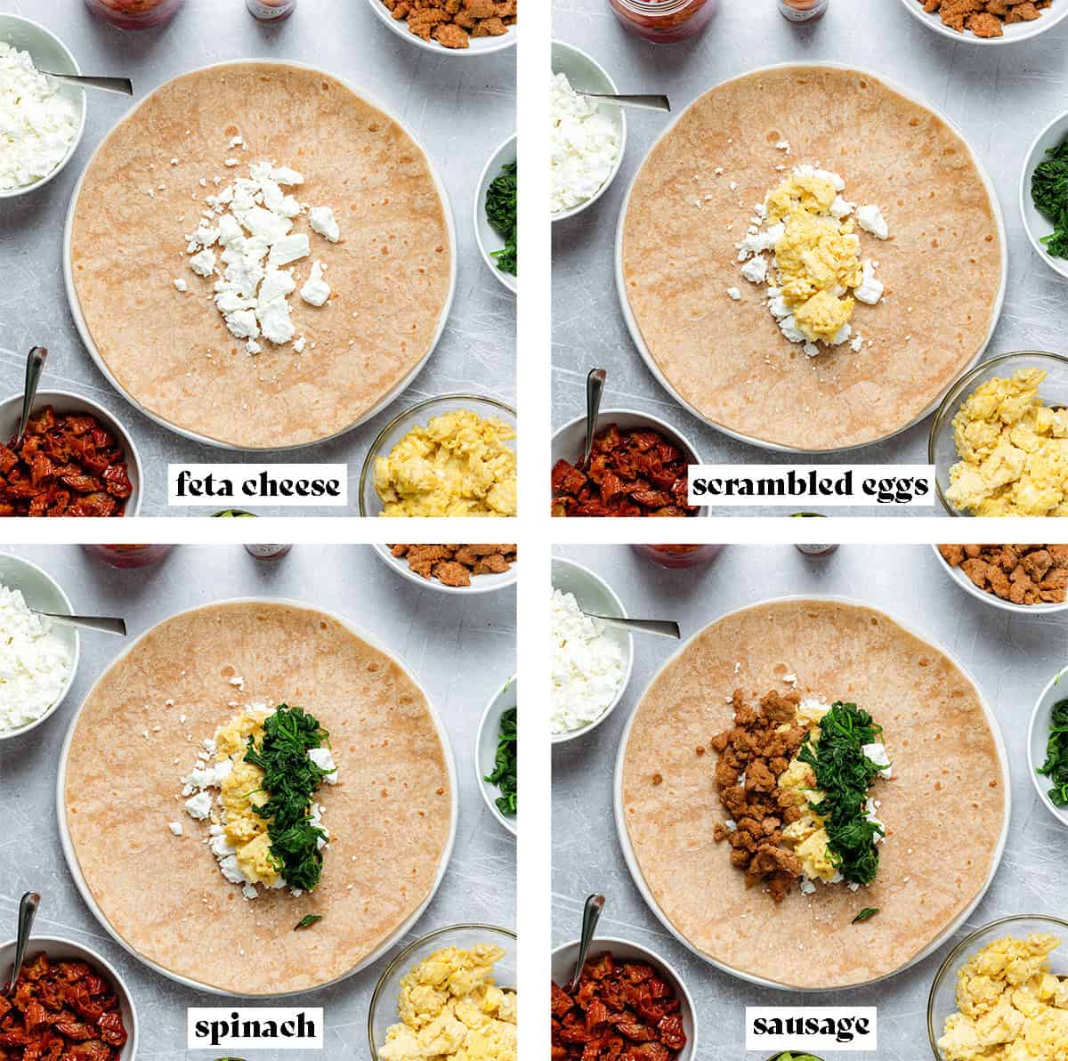 Four photos showing steps of how to make breakfast burritos adding cheese, eggs, spinach, and sausage.