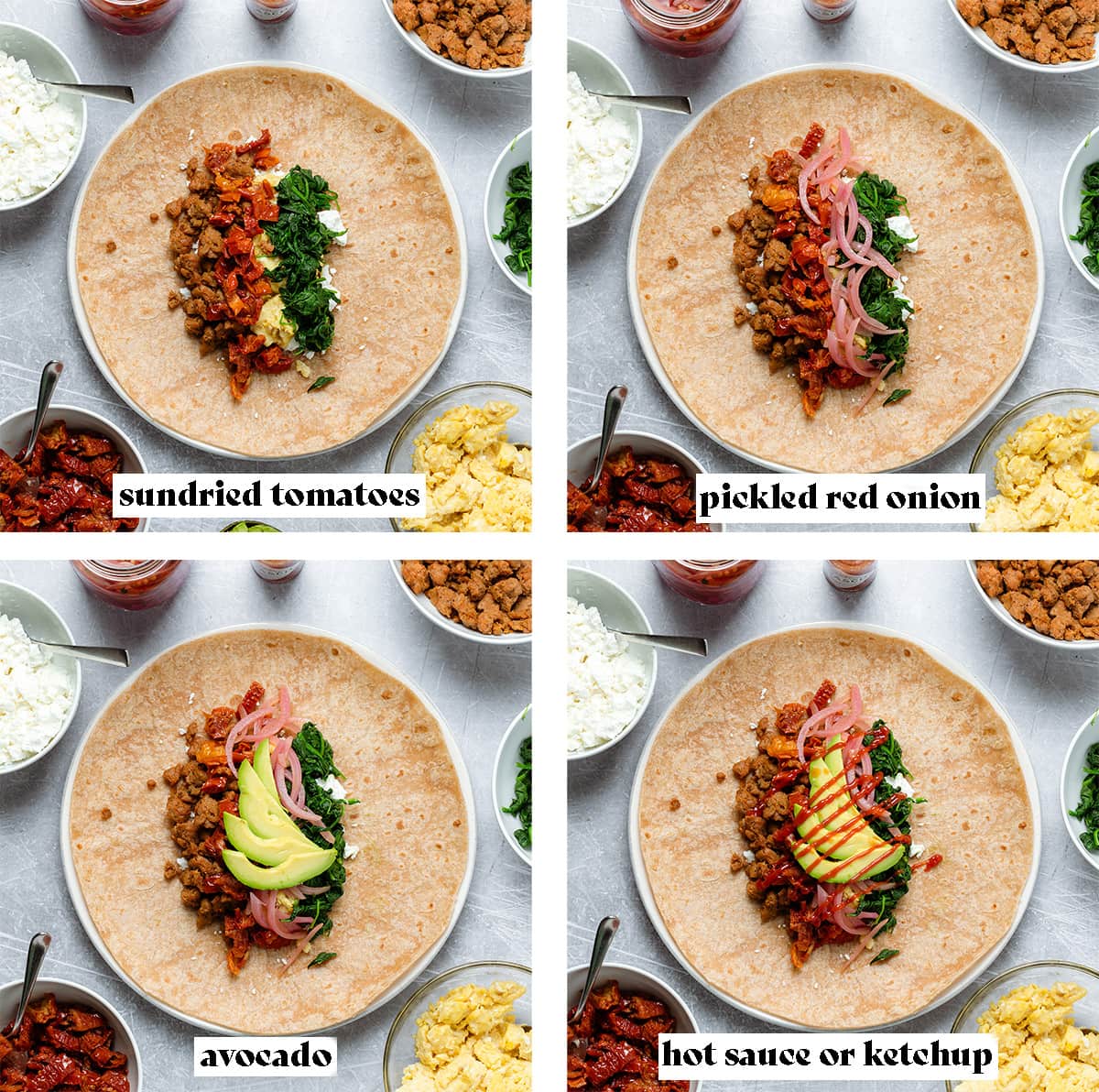 Four shots showing how to make breakfast burritos adding sun-dried tomatoes, onion, avocado, and hot sauce.