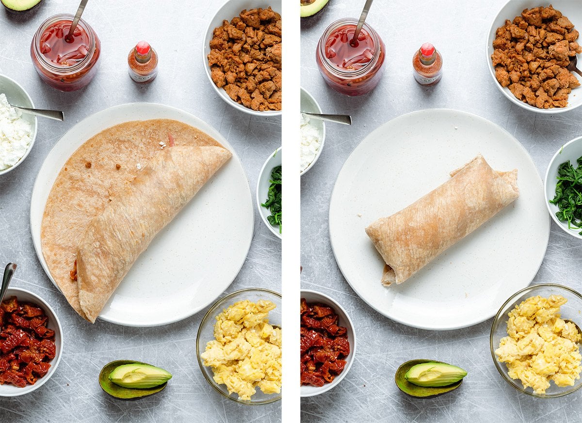 Two photos showing how to wrap a burrito with all ingredients laid out around the plate.