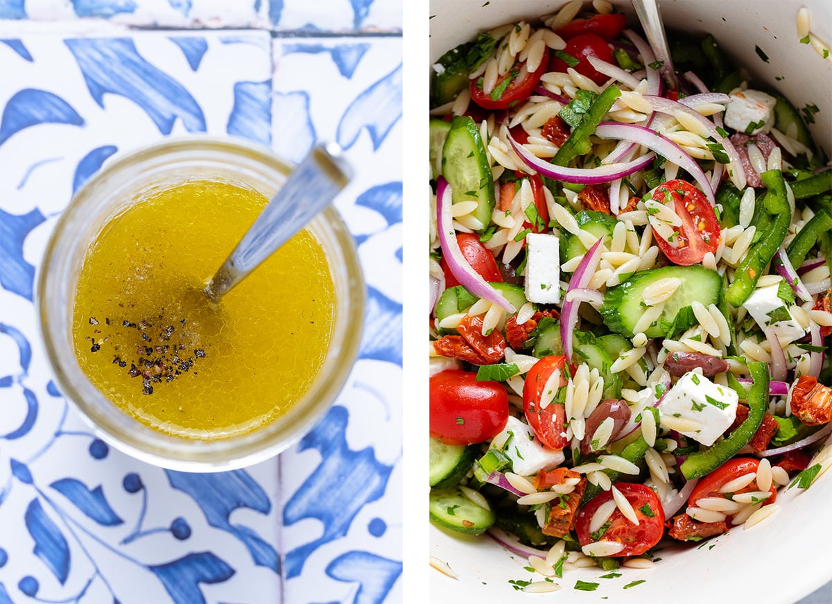 Lemon vinaigrette in a small jar on the left and orzo salad on the right.