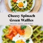 Green waffles on a white plate topped with a sunny side up egg and smoked salmon.