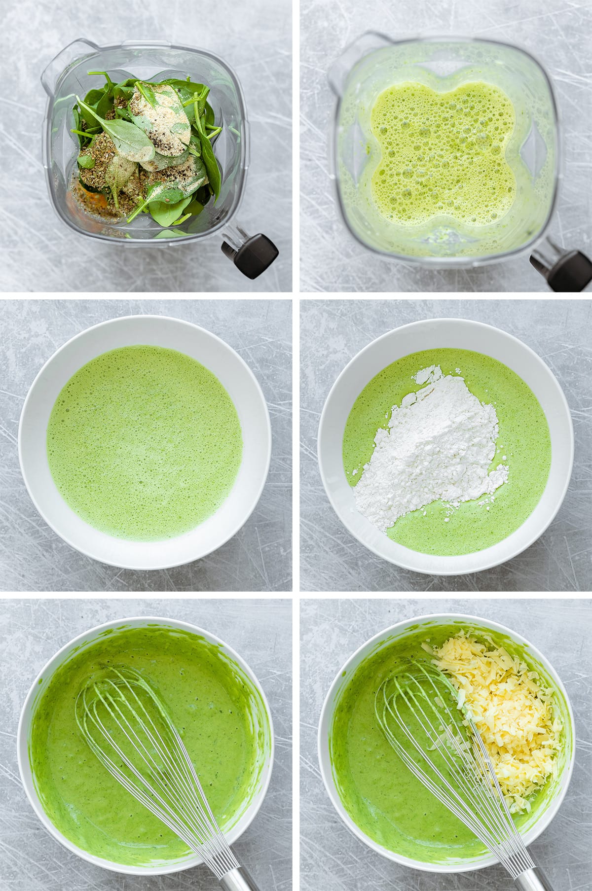 Six photos showing how to make green waffles step by step from blender to a bowl.