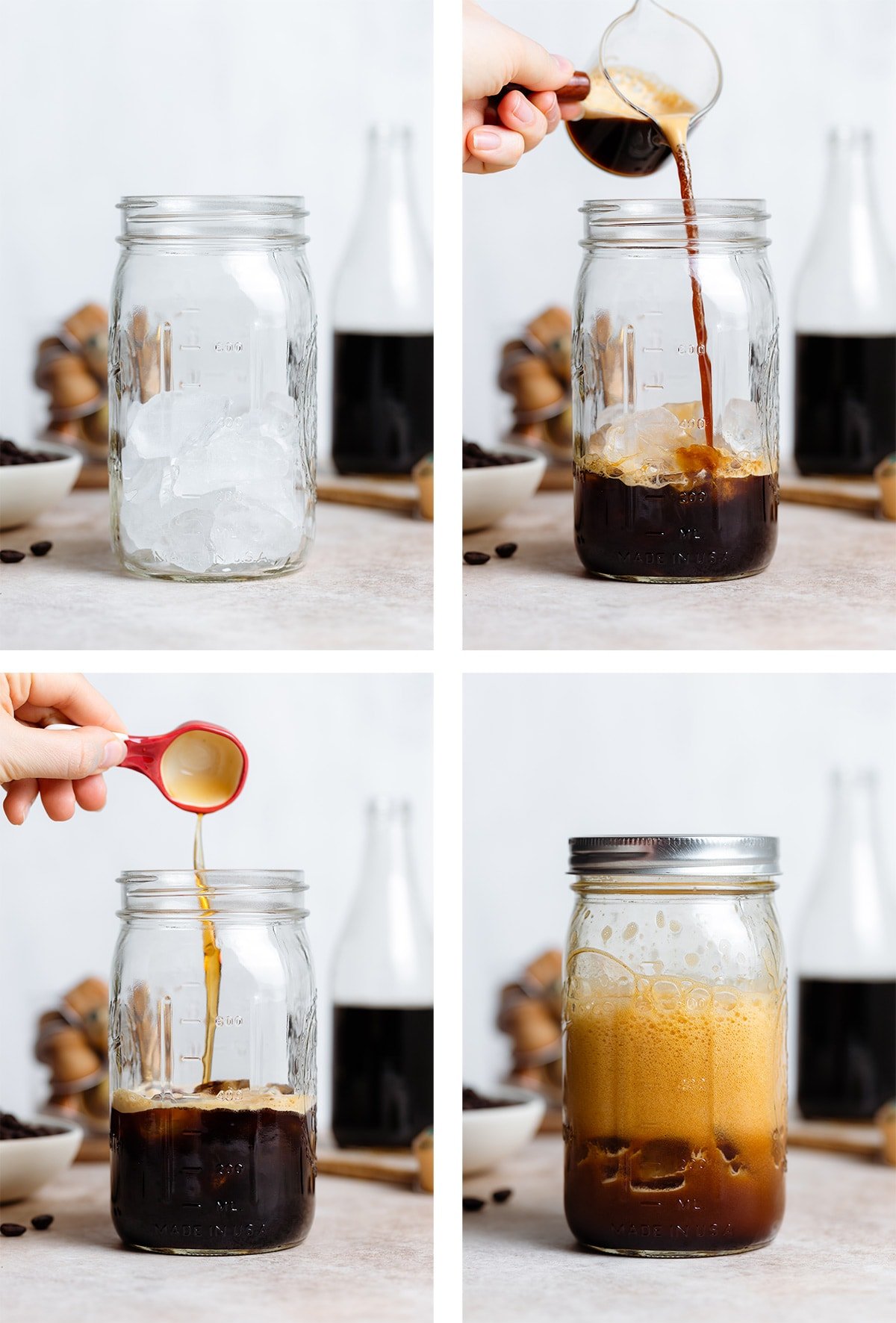 Four steps showing how to make shaken espresso in a mason jar.