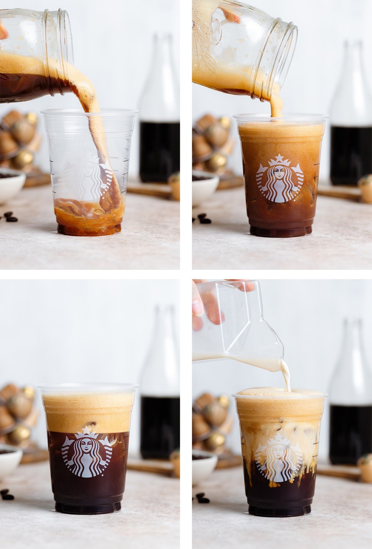Four shots of pouring a shaken espresso into a Starbucks cup.