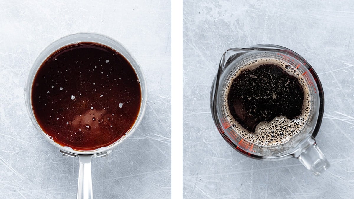 Two photos of brown sugar syrup in a saucepan and a measuring cup.