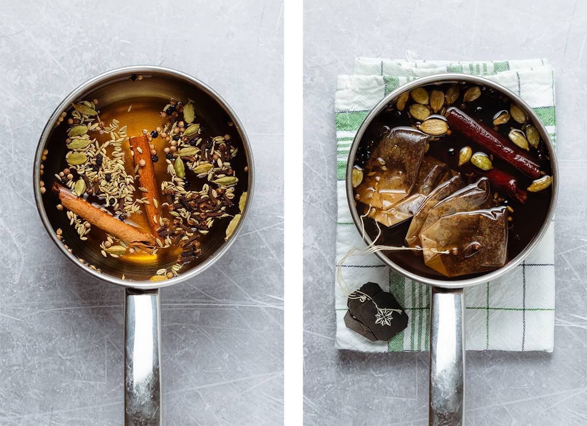 Chai concentrate before and after simmering with whole spices.