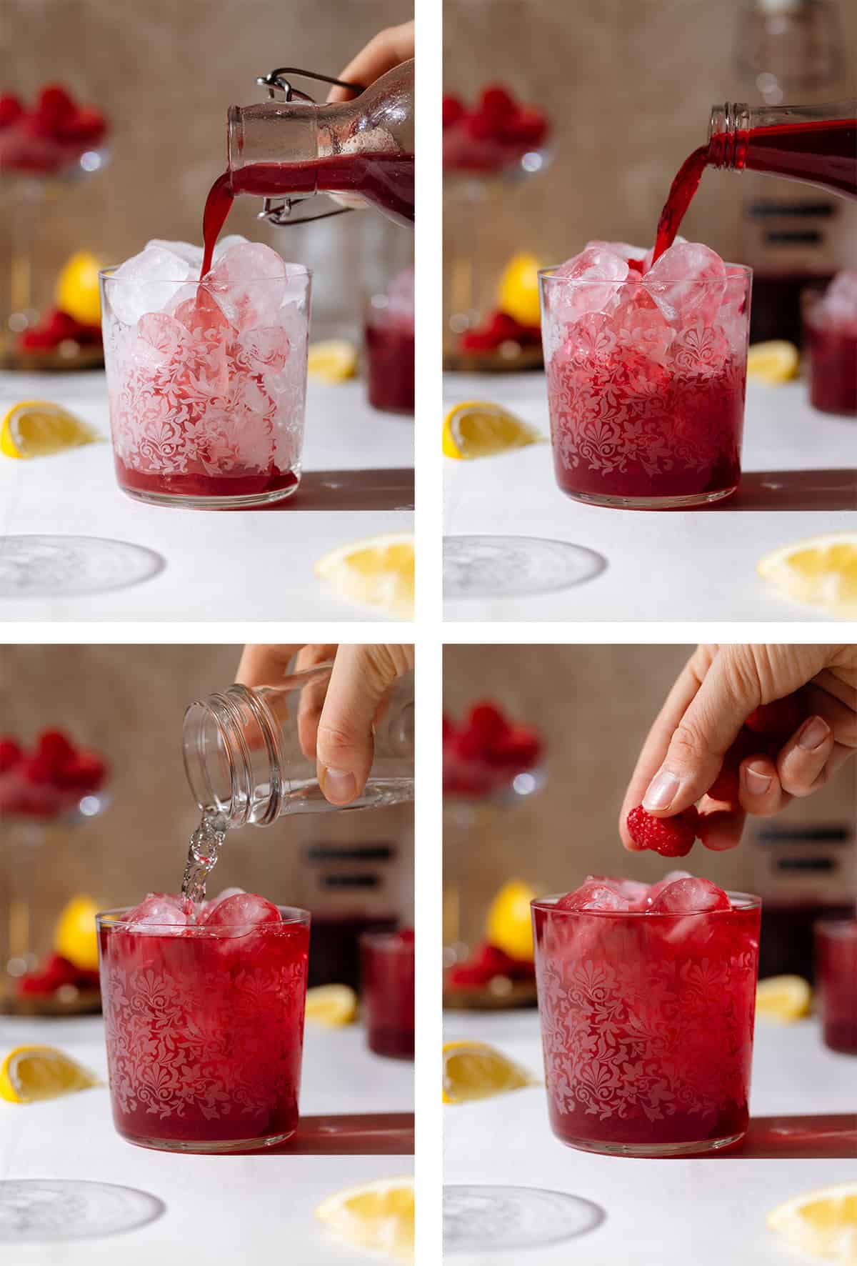 Four photos showing how to serve passion tea with raspberry syrup, and sparkling water.