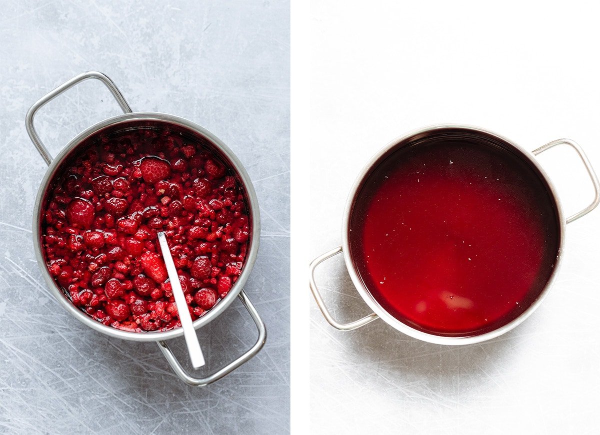 A shot of a pod with raspberry syrup with fresh raspberries on the left and the same pot with red tea on the right.