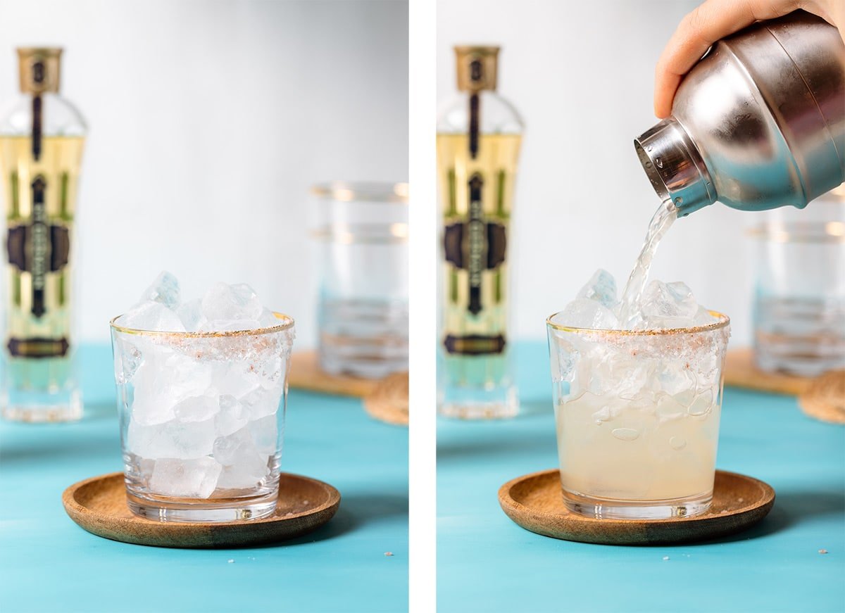 Two shots of a short glass filled with ice and margarita being poured into it.