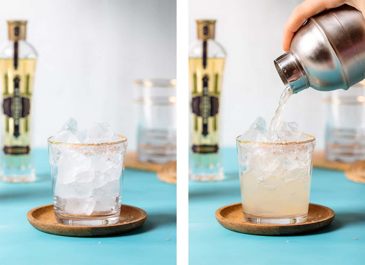 Two shots of a short glass filled with ice and margarita being poured into it.