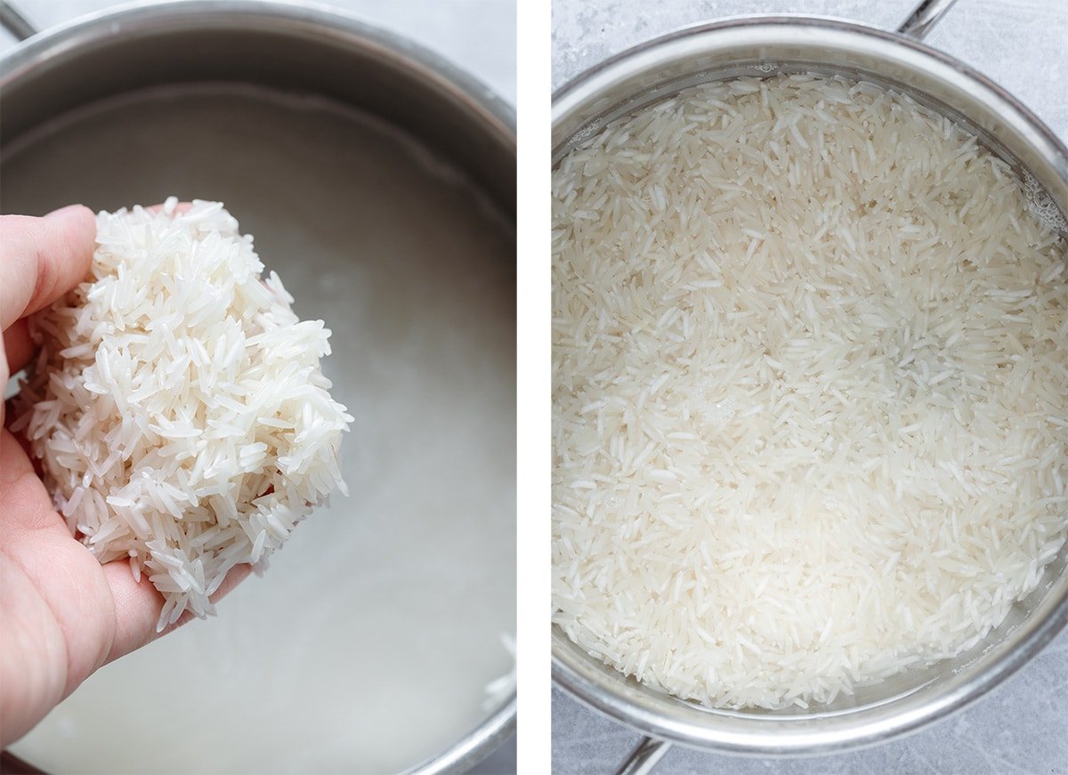 Rice before and after rinsing in a small pot with water.