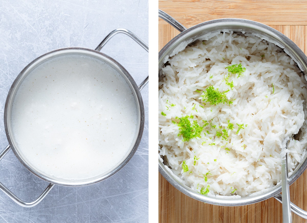 Coconut rice before and after cooking topped with lime zest.