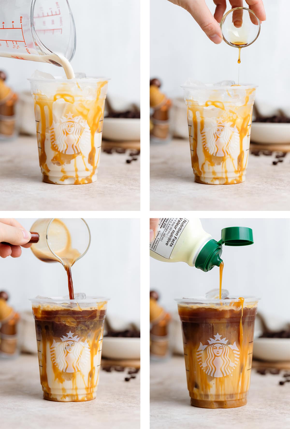 A hand pouring oat milk, vanilla, espresso, and caramel into a Starbucks cup to make an iced caramel macchiato.