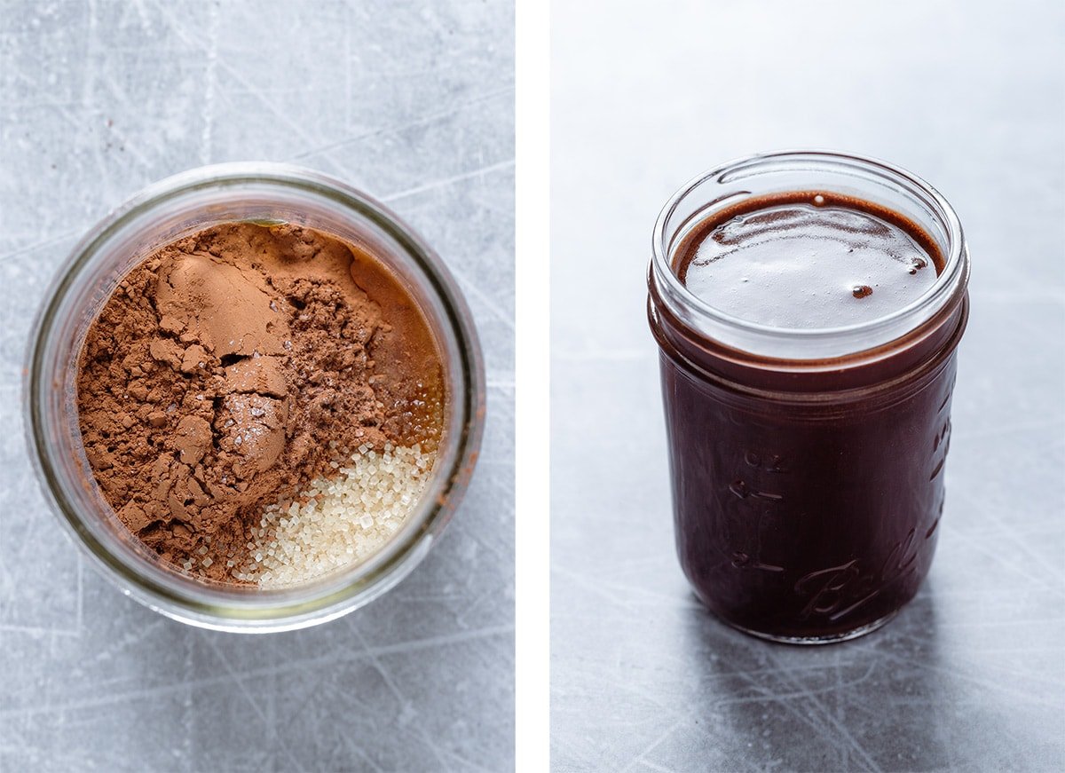 Homemade chocolate syrup made with cacao powder and cane sugar in a mason jar before and after mixing.