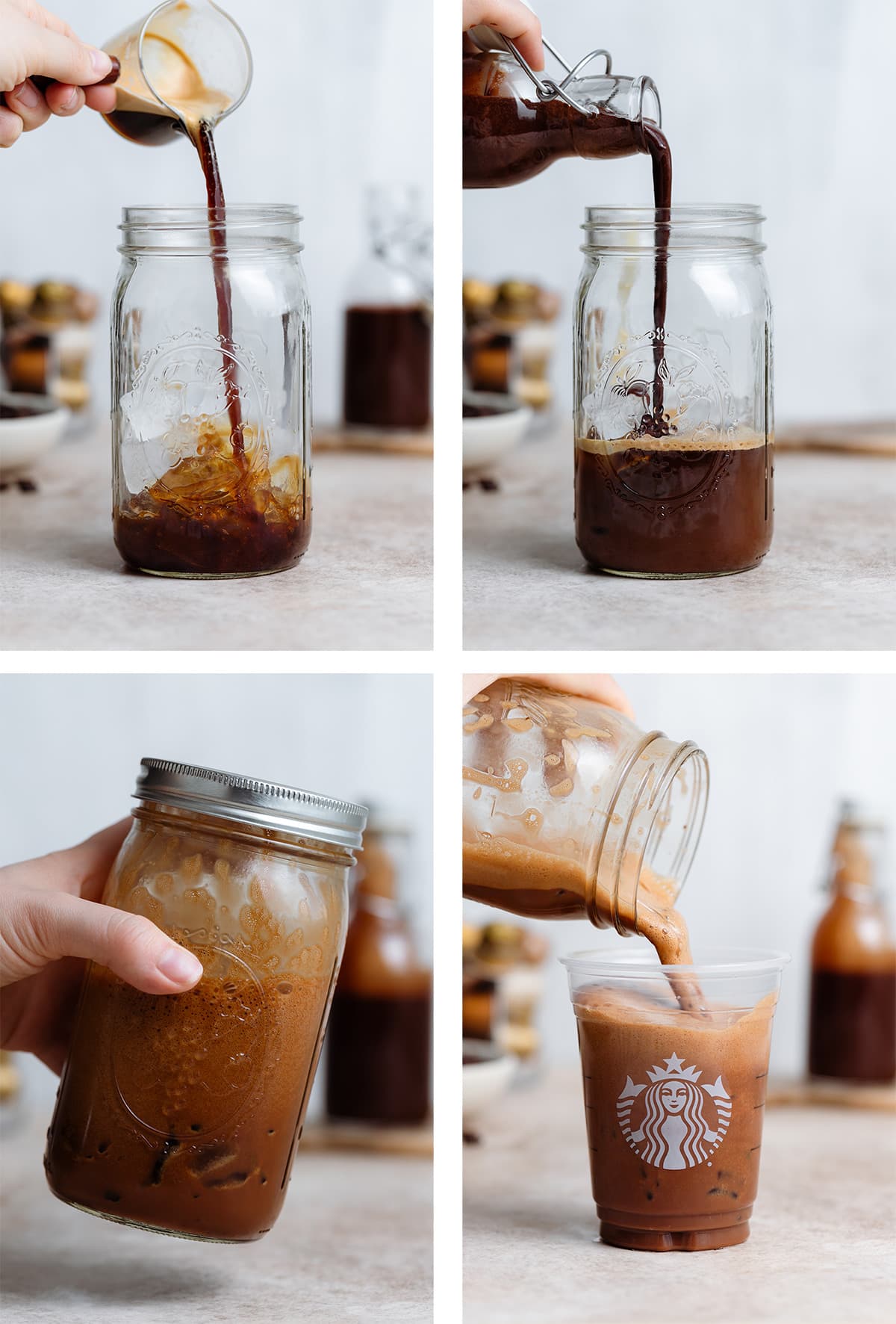 Espresso and chocolate syrup being poured into a tall mason jar and being shaken up and poured into a Starbucks cup.
