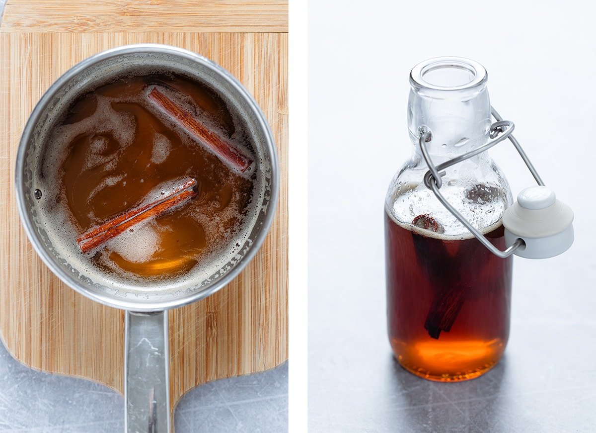 Homemade cinnamon syrup in a small saucepan and in a small glass bottle.