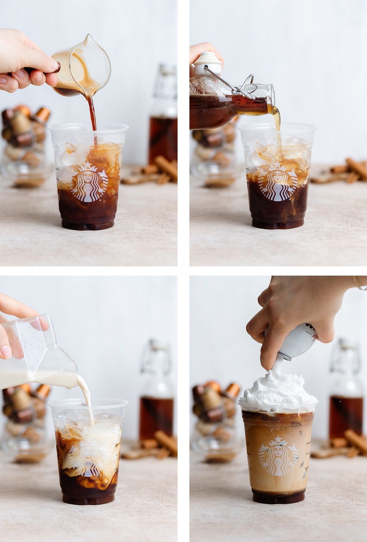 Four photos showing how to make iced cinnamon latte from pouring in coffee, syrup, and milk, to topping it with whipped cream.