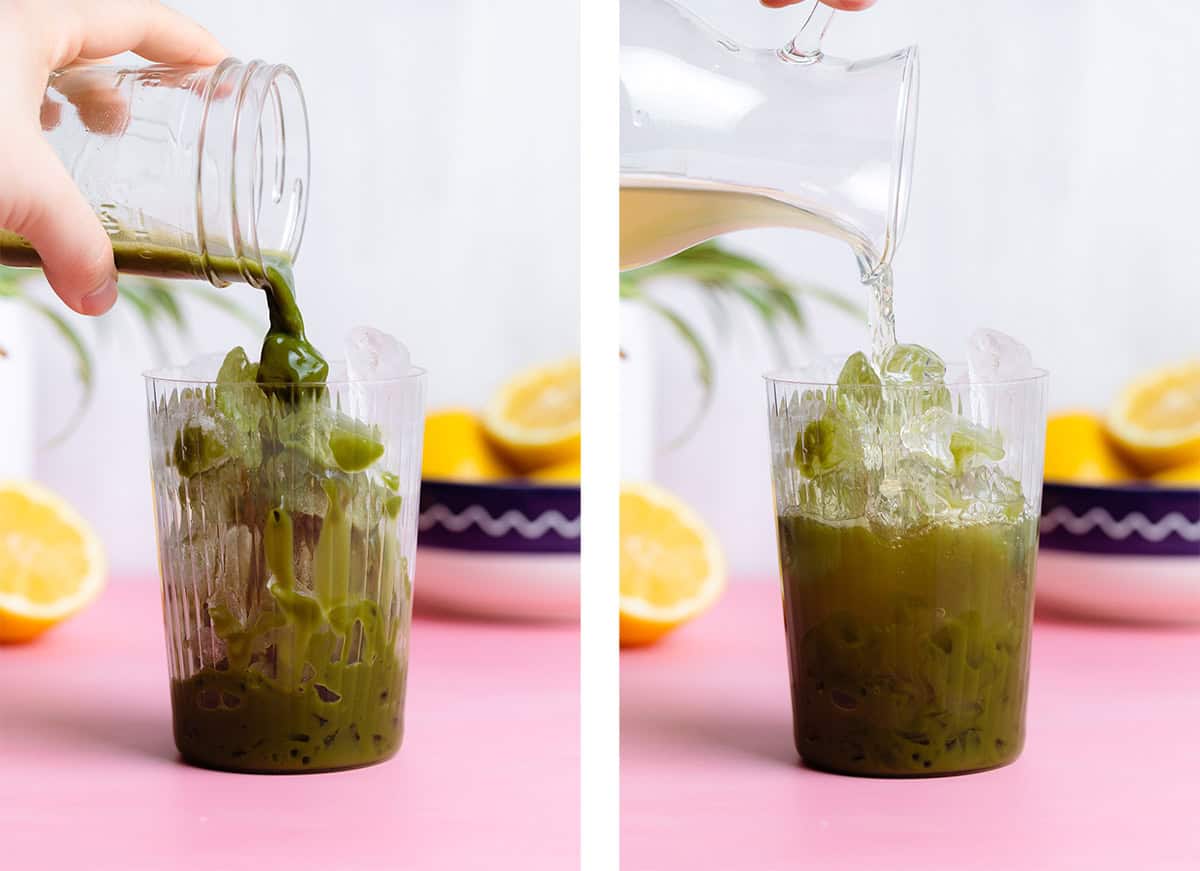 Matcha and lemonade being poured into a tall glass over ice.