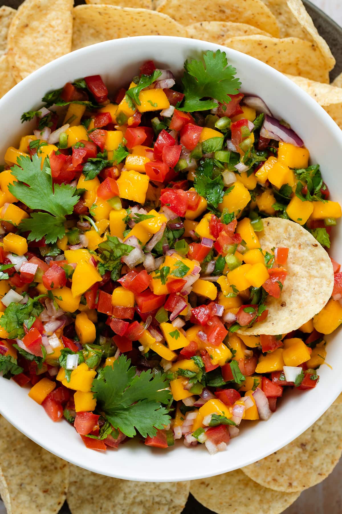 Mango pico de gallo in a low white bowl on a black plate with round tortilla chips around the bowl.