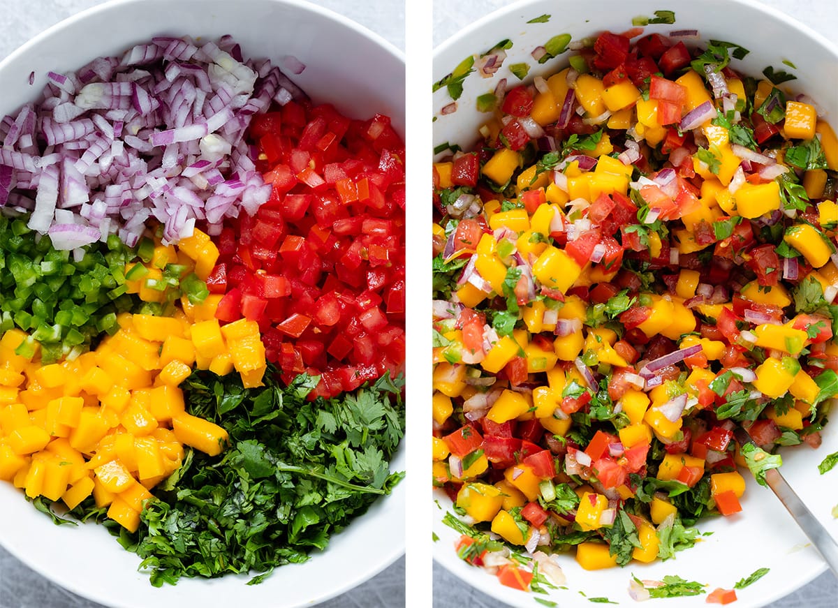 Mango pico de gallo in a large white bowl before and after mixing.