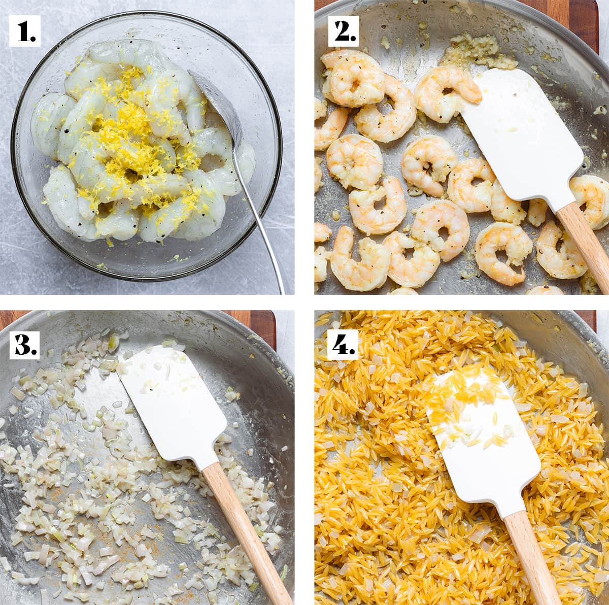 Step by step how to toss shrimp with spices and cook them on a pan along with shallots and orzo.