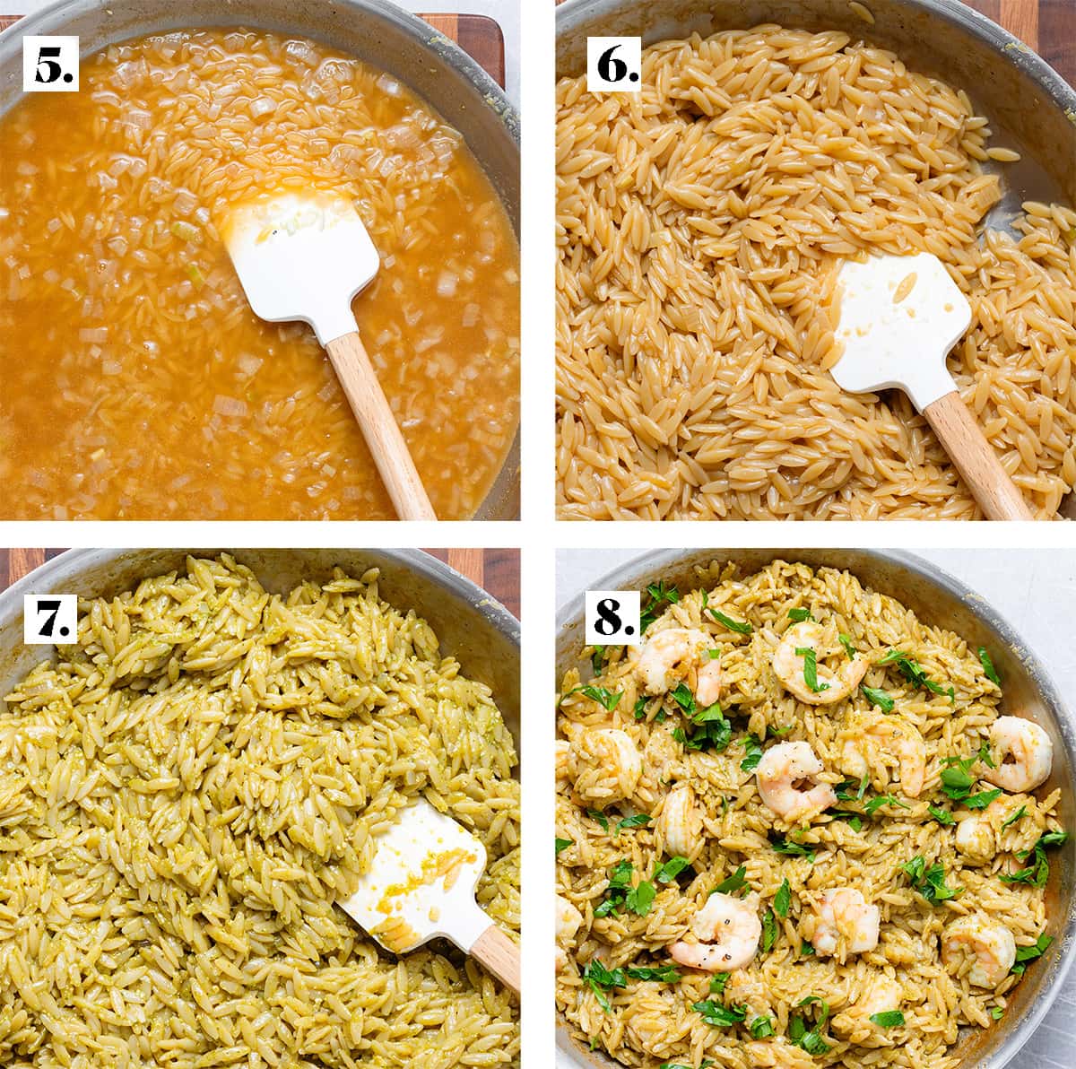 Four photos showing step by step on how to cook orzo with vegetable stock and top it with cooked shrimp and parsley.