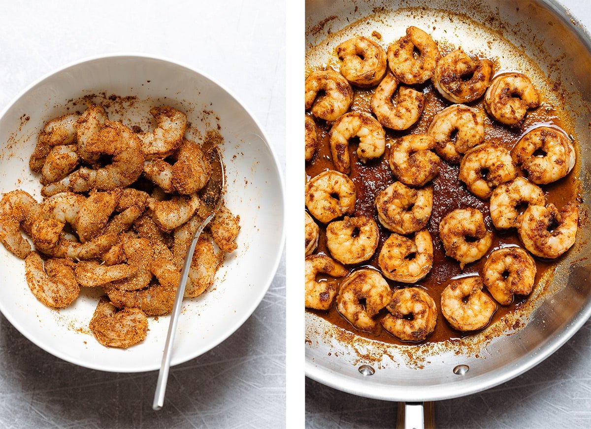 Shrimp being mixed together with seasoning on the left and shrimp after cooking in a pan on the right.