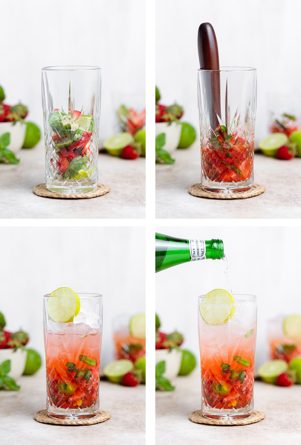Step by step process of making a strawberry mojito from mashing everything using a muddler to adding alcohol, ice, and sparkling water.