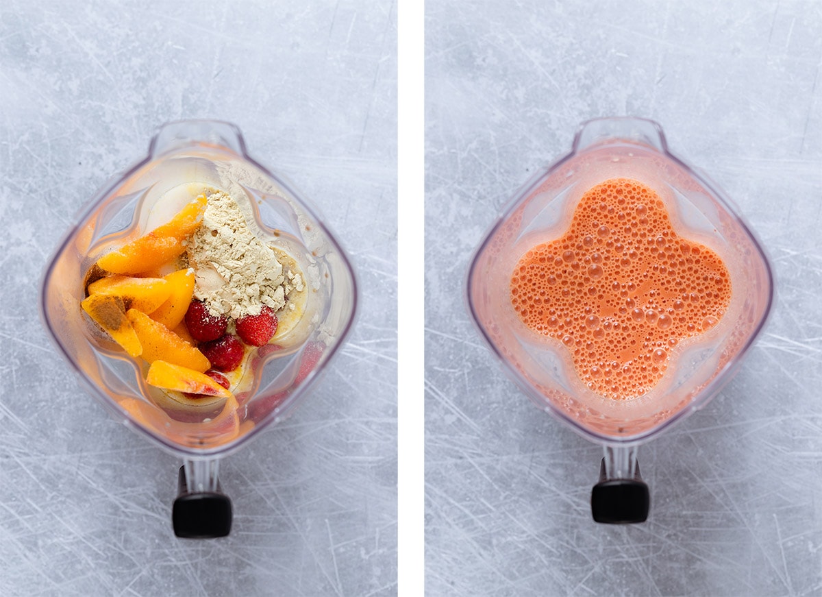 Strawberry peach smoothie in a high-speed blender before and after blending.