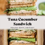 Tuna Cucumber Sandwiches stacked on a dark wooden cutting board.