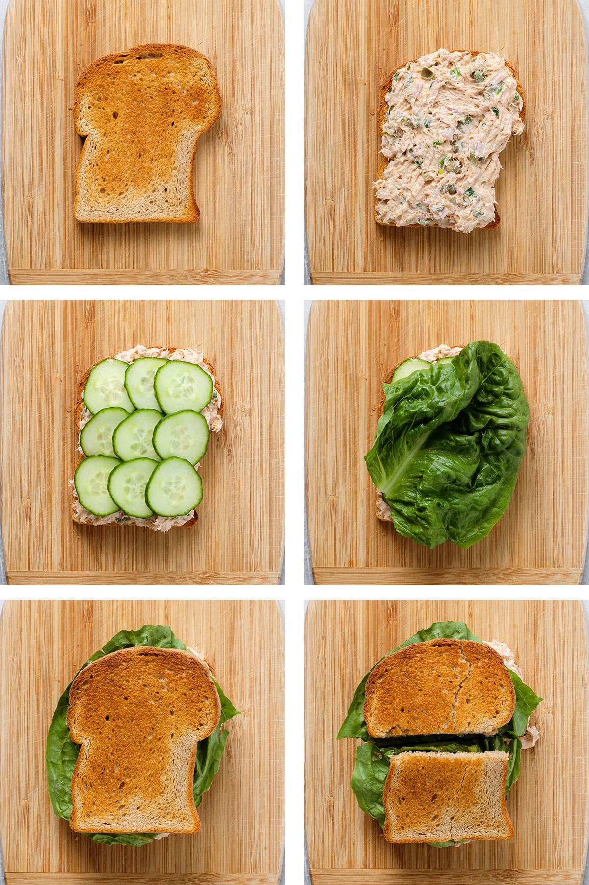 Step by step making of tuna sandwich layering the spread, cucumber, and lettuce.