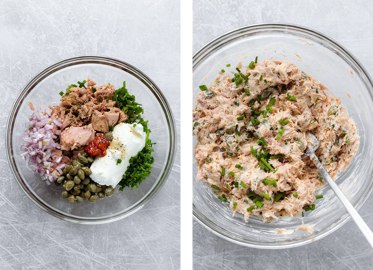 Tuna goat cheese spread in a large glass bowl before and after mixing.