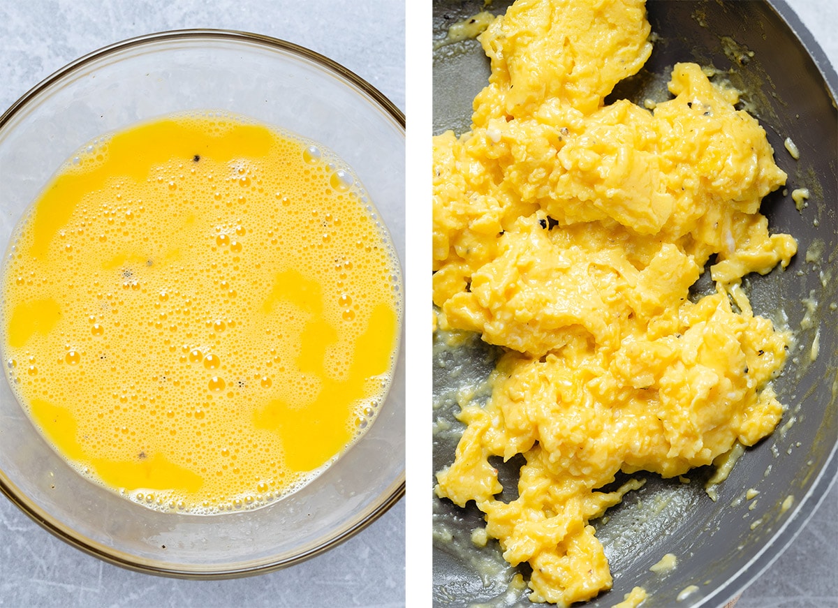 Scrambled eggs before and after cooking in a bowl and on a pan.