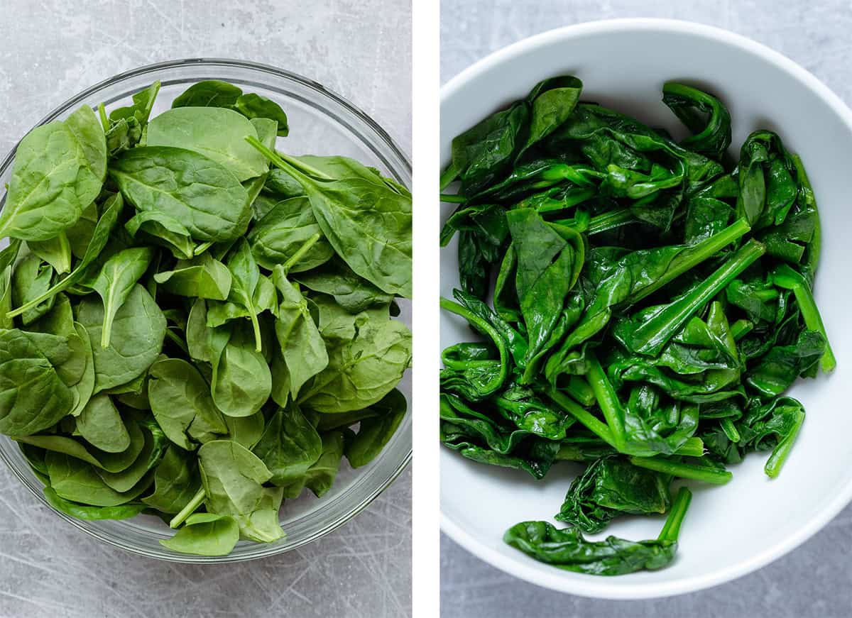 Spinach before and after cooking in a white bowl.