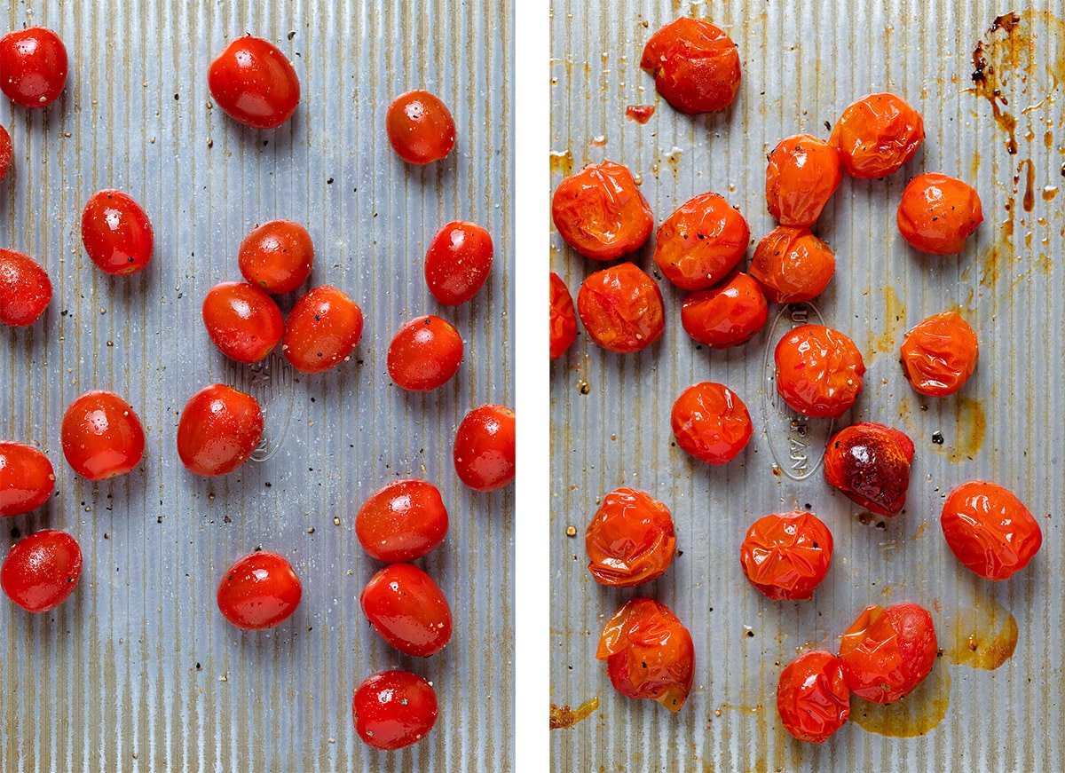 Cherry tomatoes on a baking sheet before and after roasting.