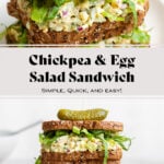 Two chickpea egg salad sandwiches on top of each other with a pickle on top.