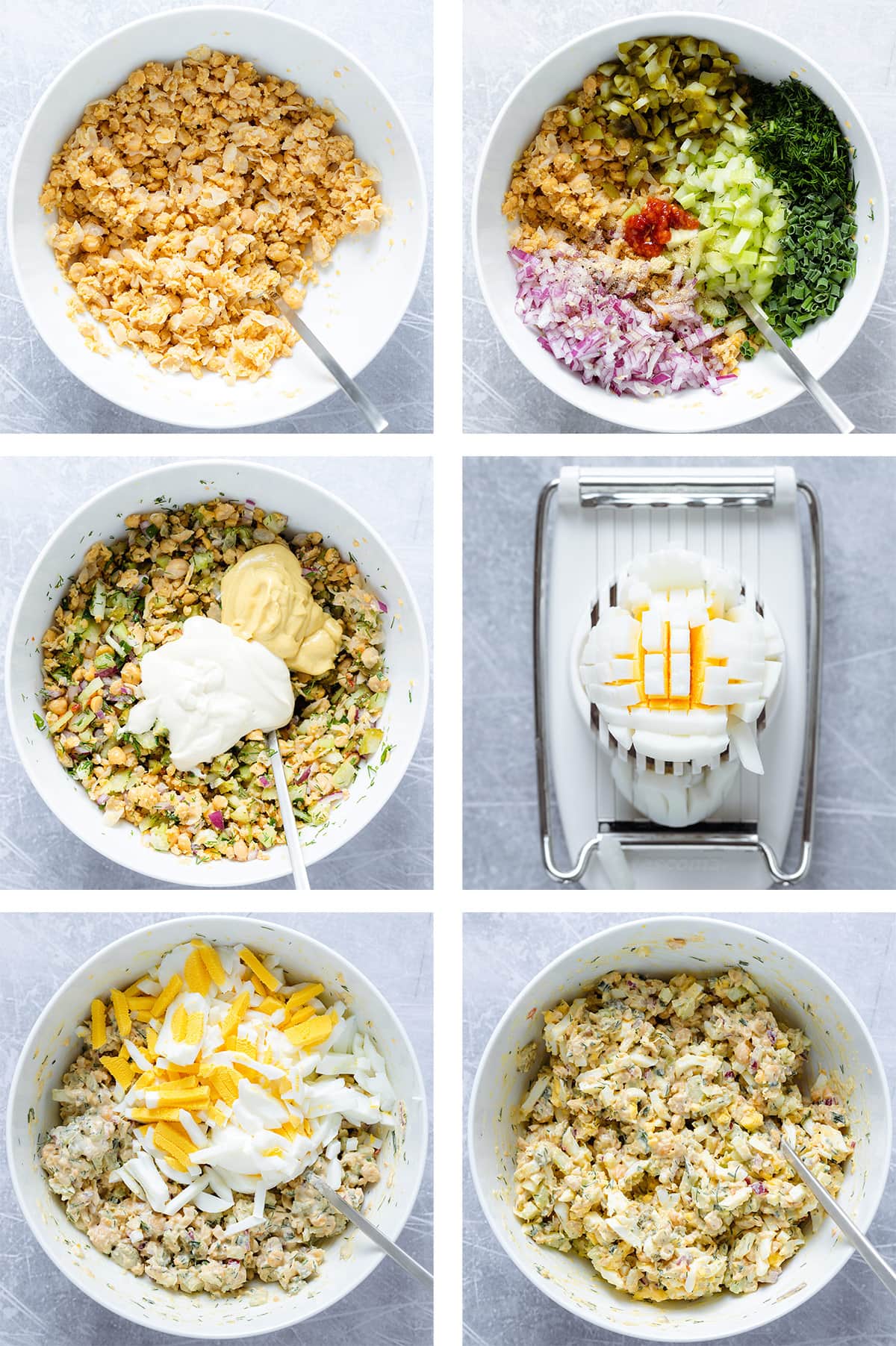 Six photos showing how to make chickpea egg salad from mashing chickpeas to adding all ingredients and mixing.