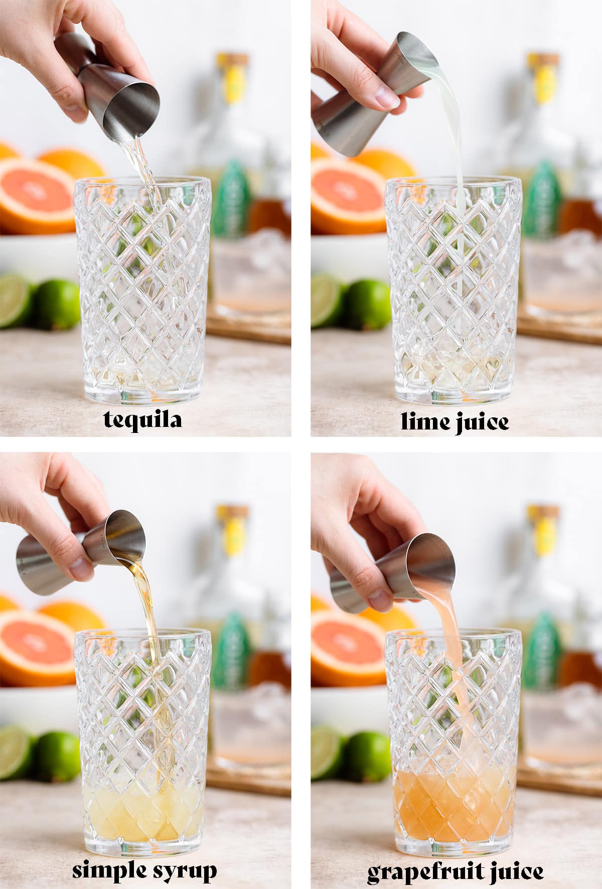Adding tequila and other Paloma ingredients into a cocktail shaker.