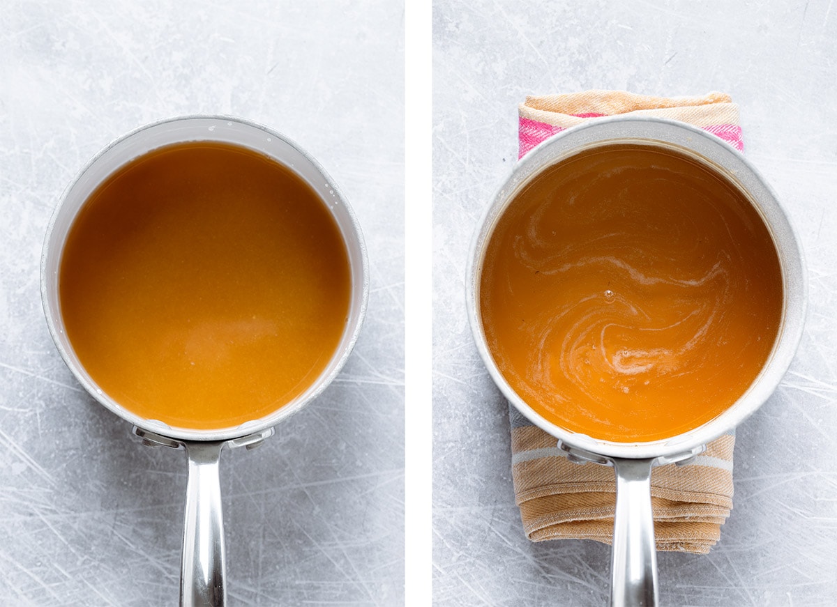 Simple syrup in a white saucepan before and after cooking.