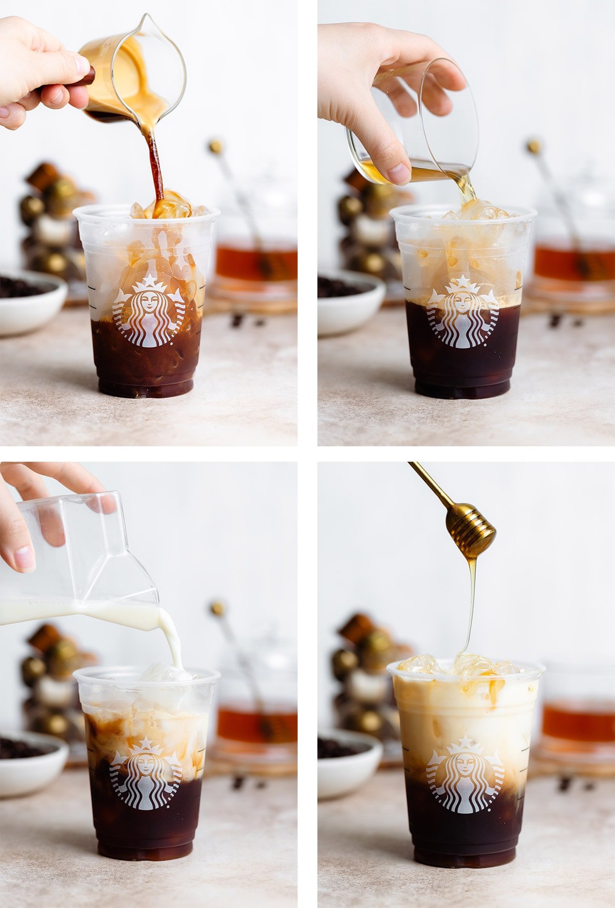 Pouring coffee, syrup, and milk over ice into a plastic Starbucks cup.