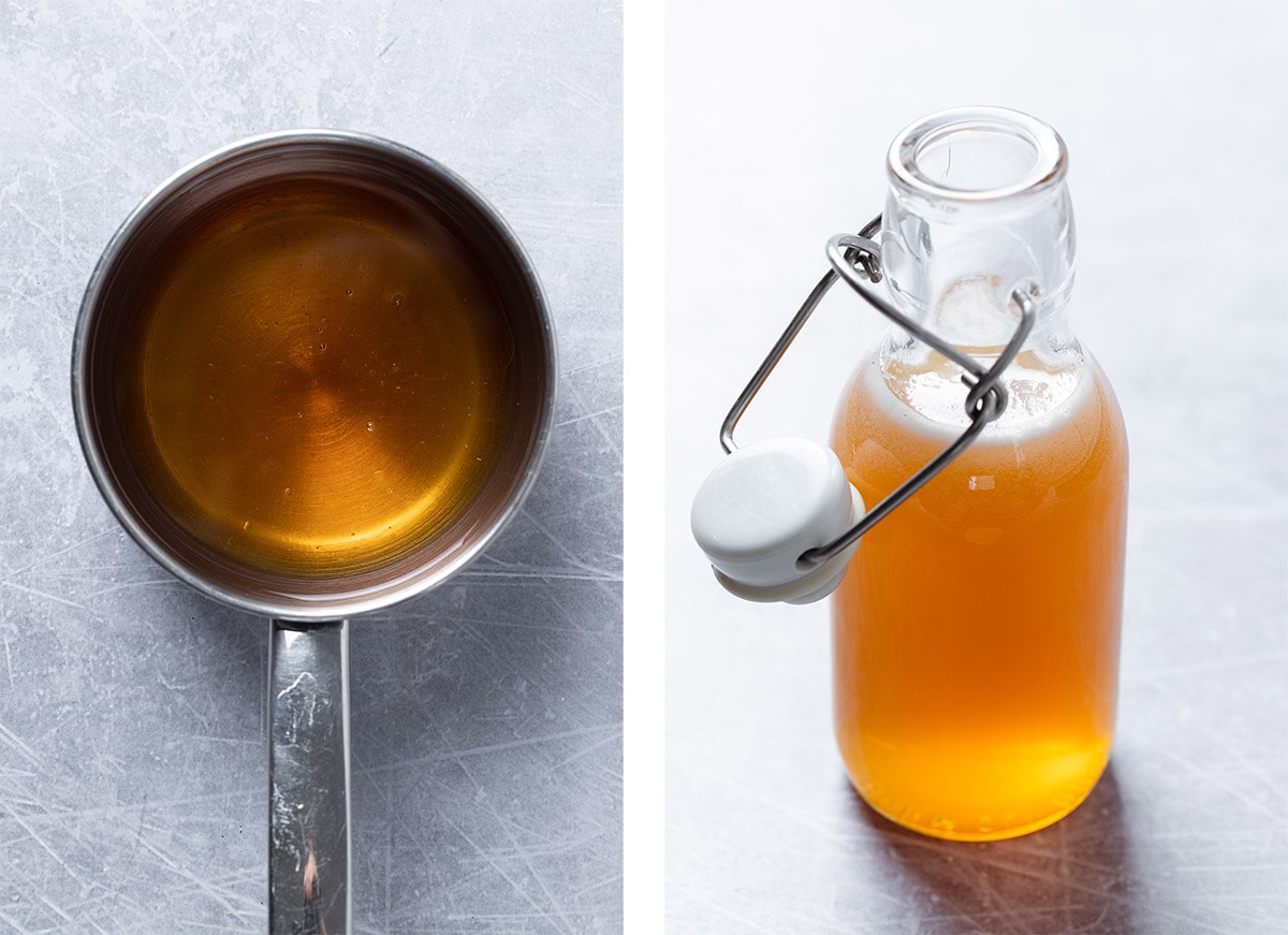 Light orange honey syrup before and after simmering in a sauce pan and a glass jar.